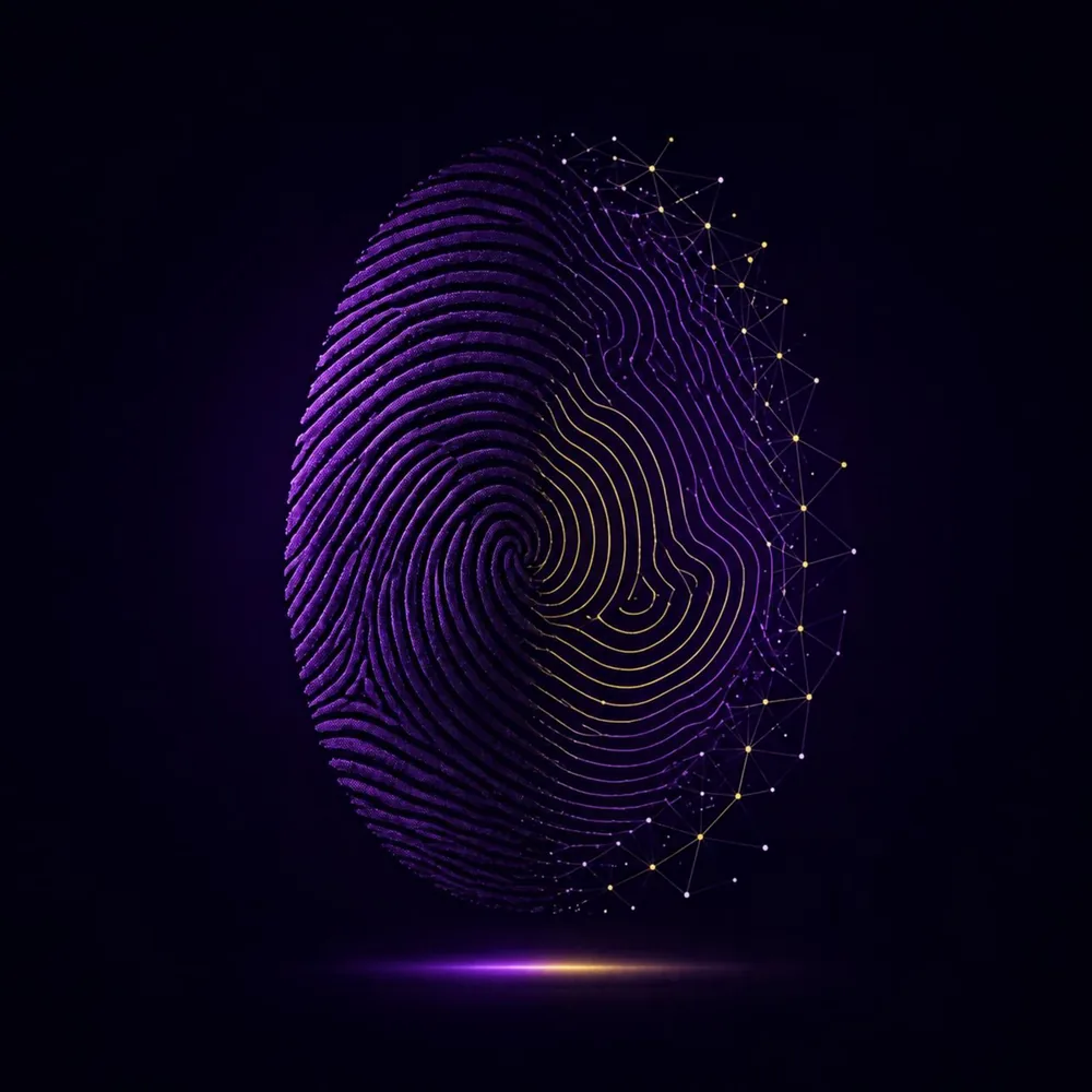 Une empreinte digitale violette prolongée par un réseau de points dorés, image du capital immatériel